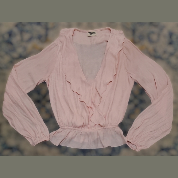 Show Me Your MuMu Brewster Ruffle Surplice Blouse Pink Speckle Dots XS - Picture 9 of 9